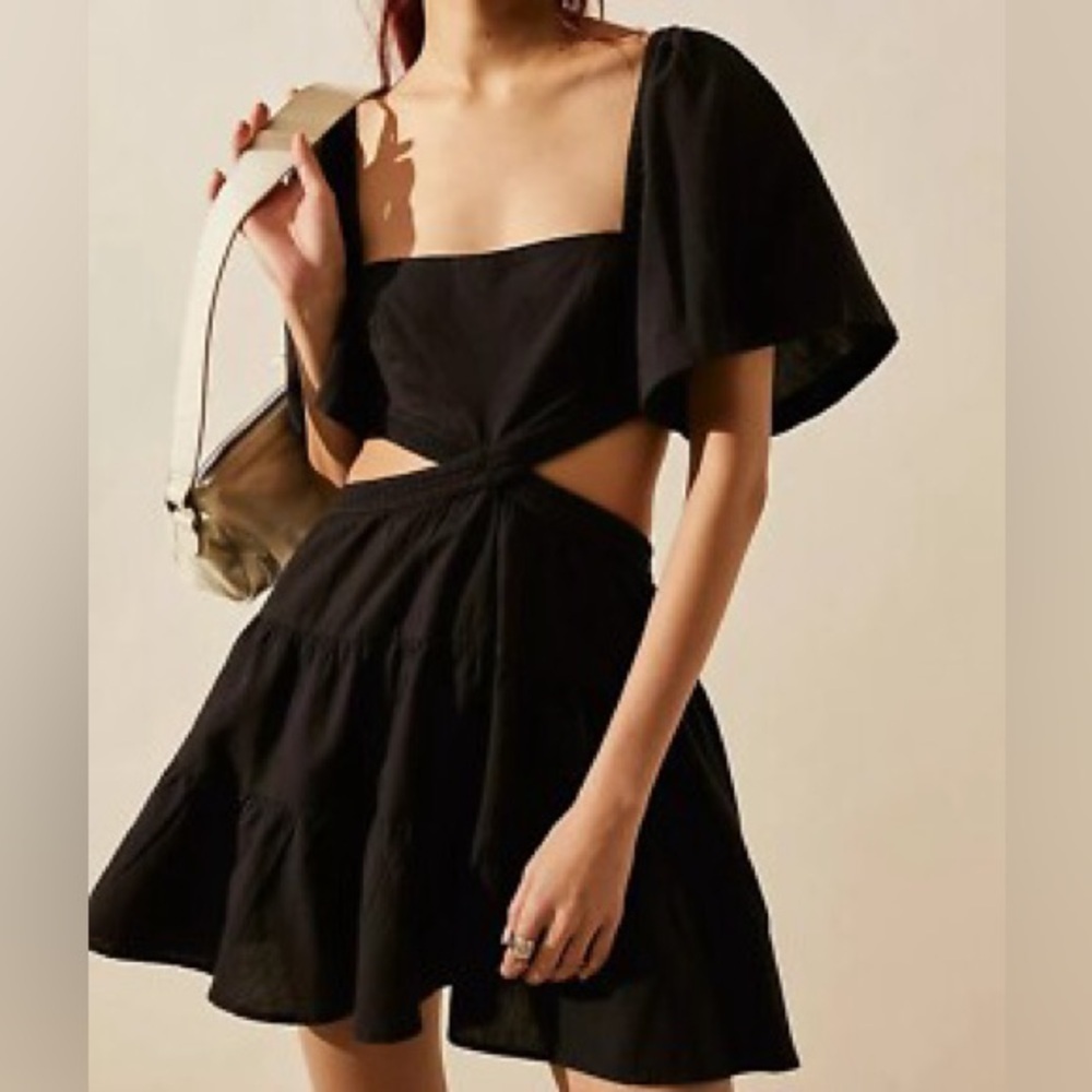 Free People Cross Of Sunlight Black Cutout Mini Dress Cotton Linen Size Small